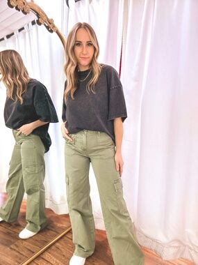 Army Green Wide Leg High Rise Utility Cargo Jeans